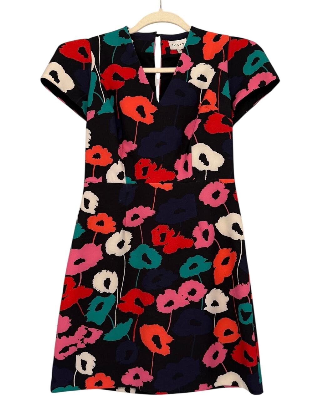 Milly Poppy Floral Sheath Dress Womens 4 Black Multicolor V-Neck Short Sleeve